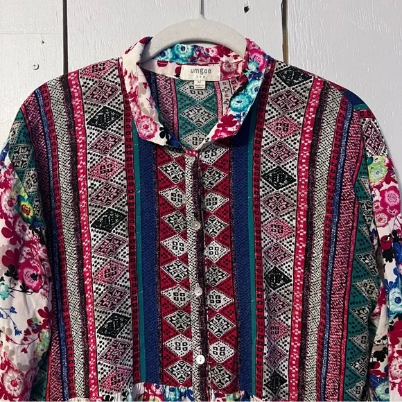 Umgee Multicolor Floral Lightweight 3/4 Sleeve Tunic Top Bohemian Floral Dress M - Picture 3 of 10